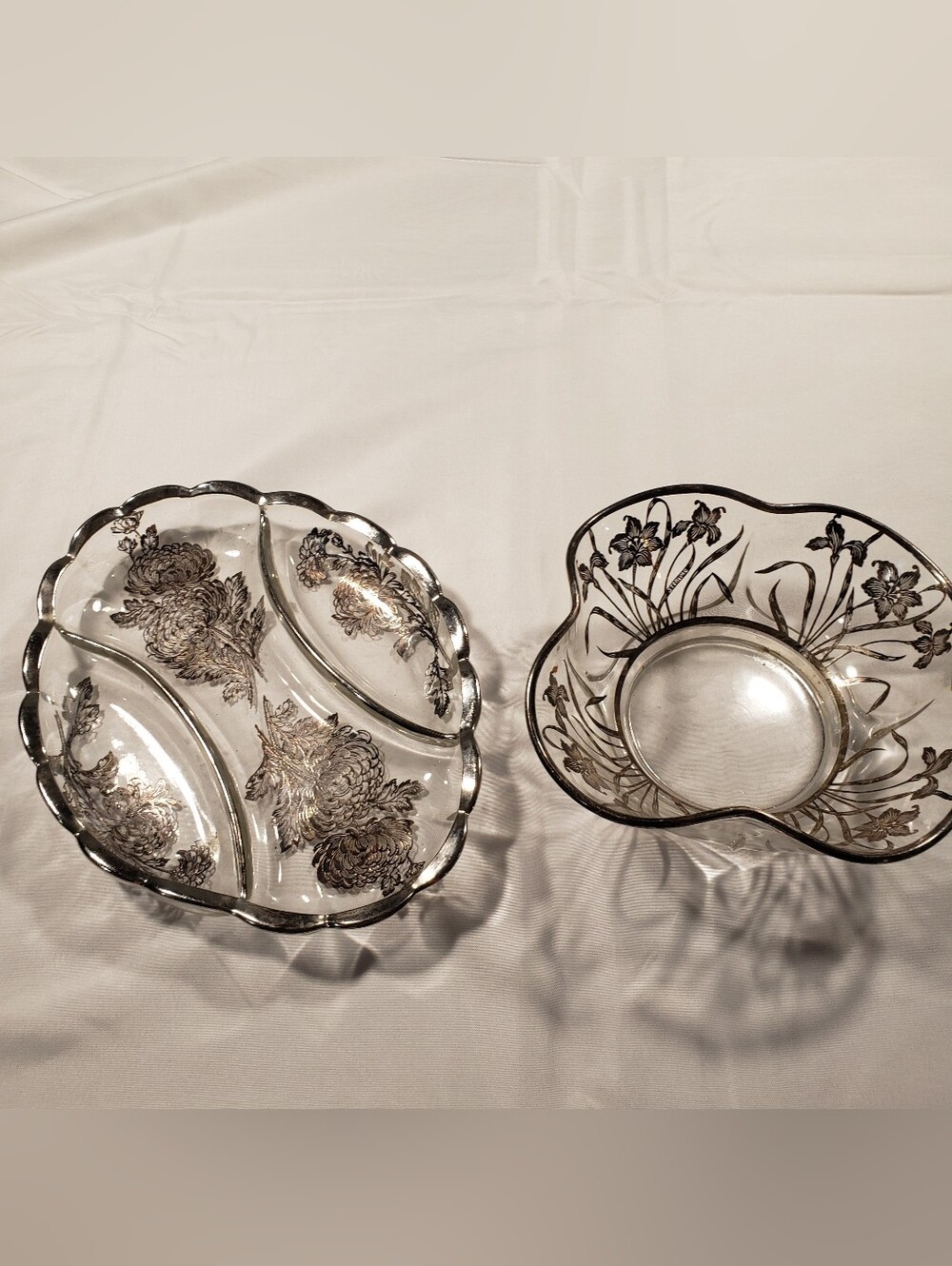 Set of Vintage Sterling Silver Overlay Serving Dishes with Floral Design